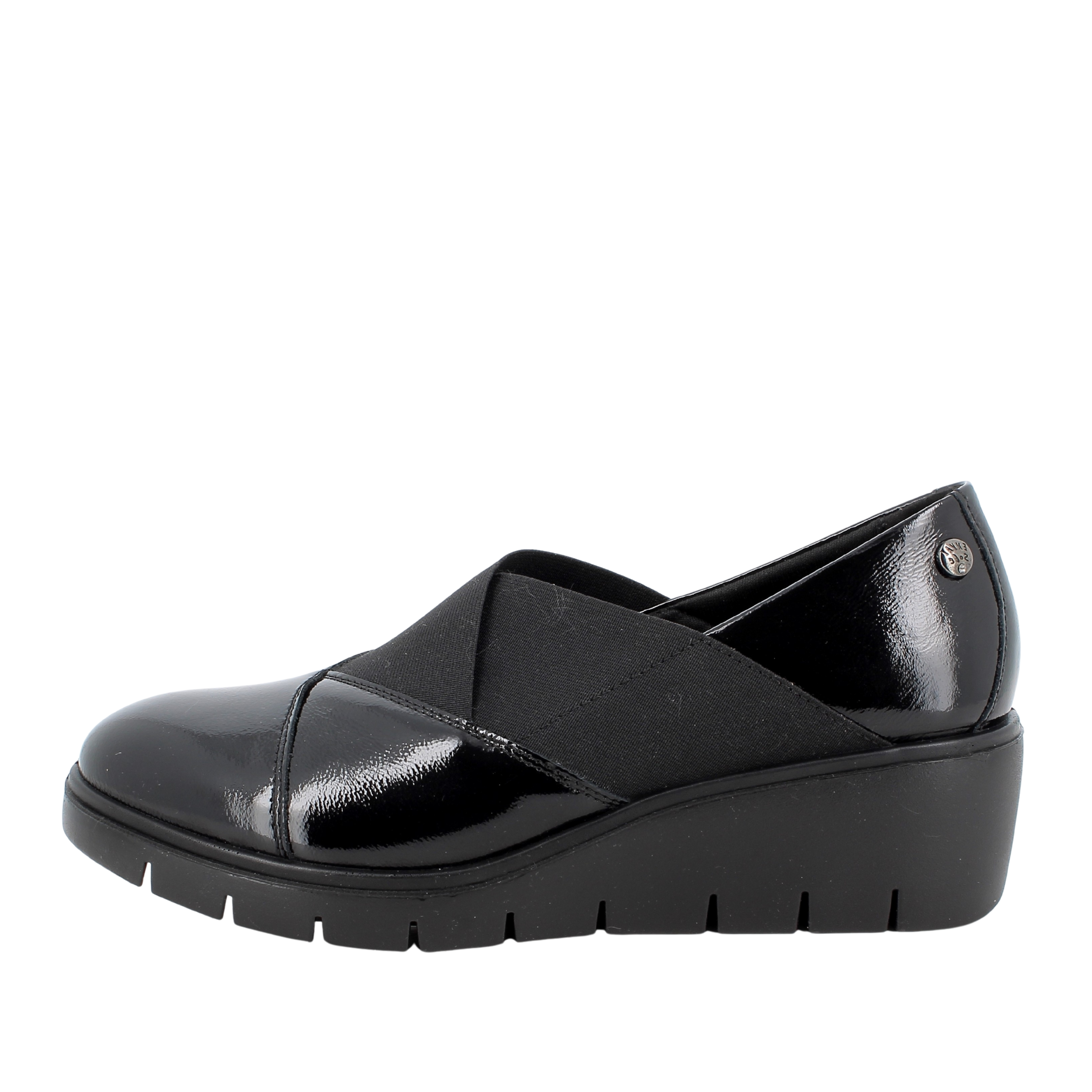 MOCASSINI IN PELLE VERNICIATA CON INSERTI ELASTICI DONNA NERO