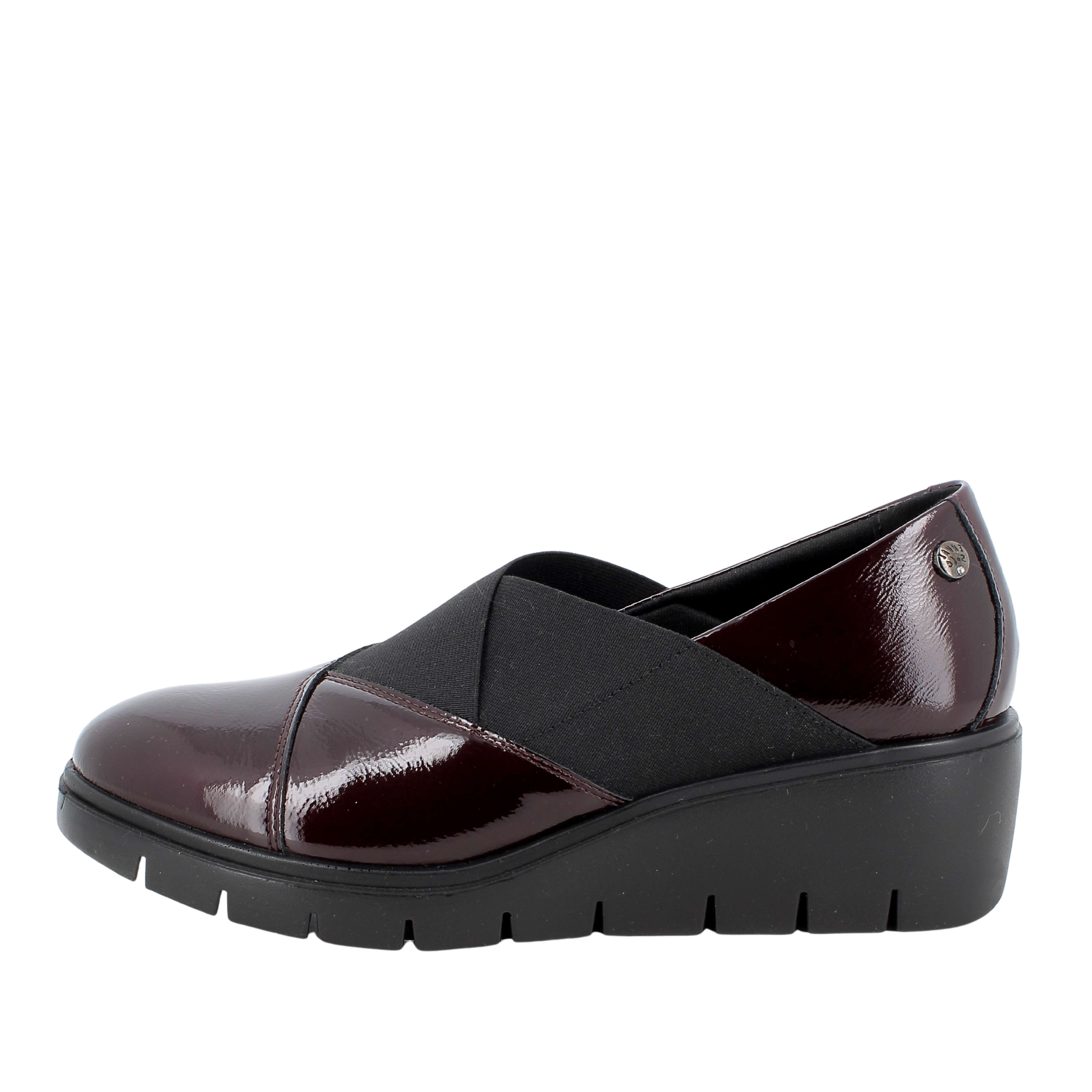 MOCASSINI IN PELLE VERNICIATA CON INSERTI ELASTICI DONNA BORDEAUX