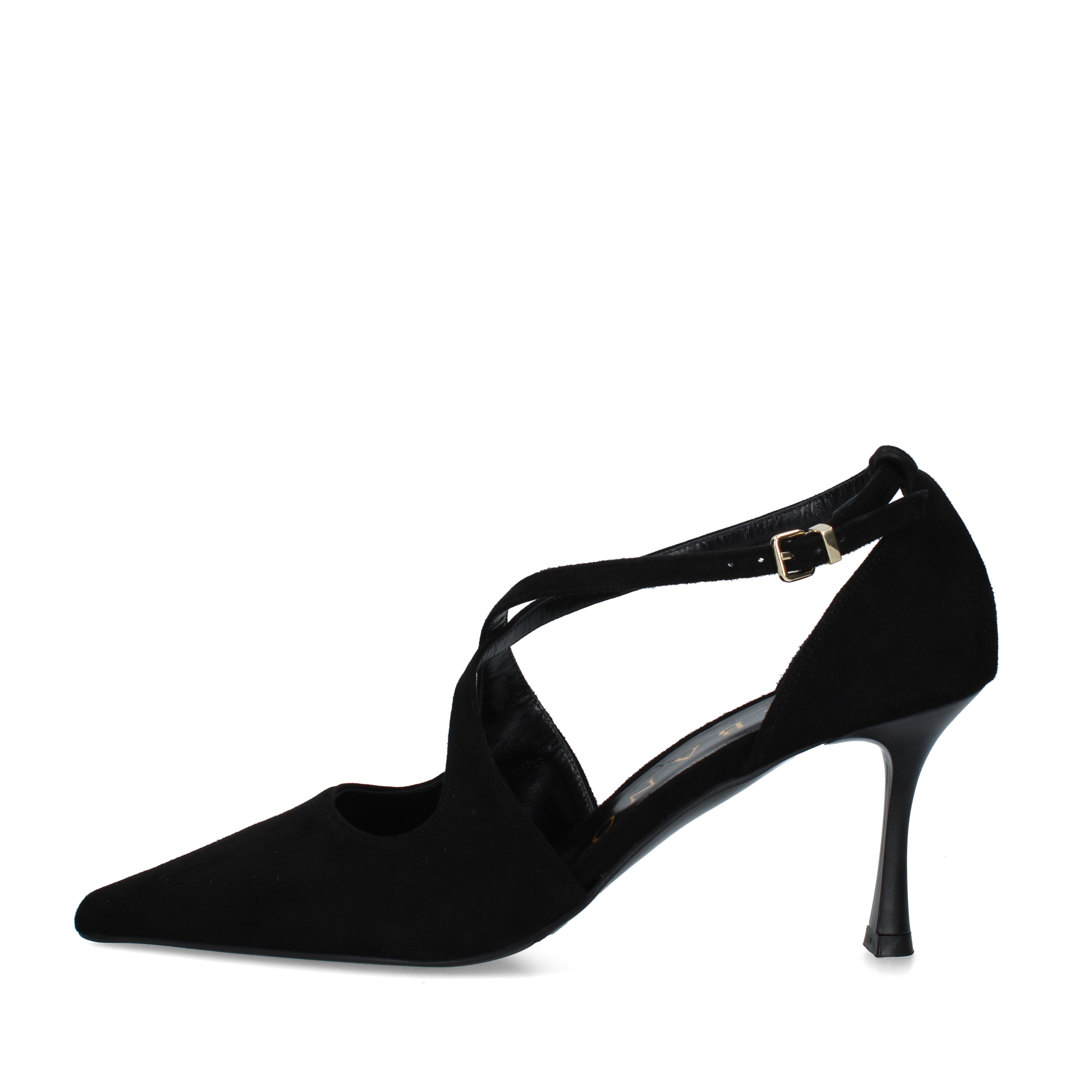 DÉCOLLETÉ IN PELLE SCAMOSCIATA CON CINTURINI INCROCIATI E TACCO 8 CM DONNA NERO