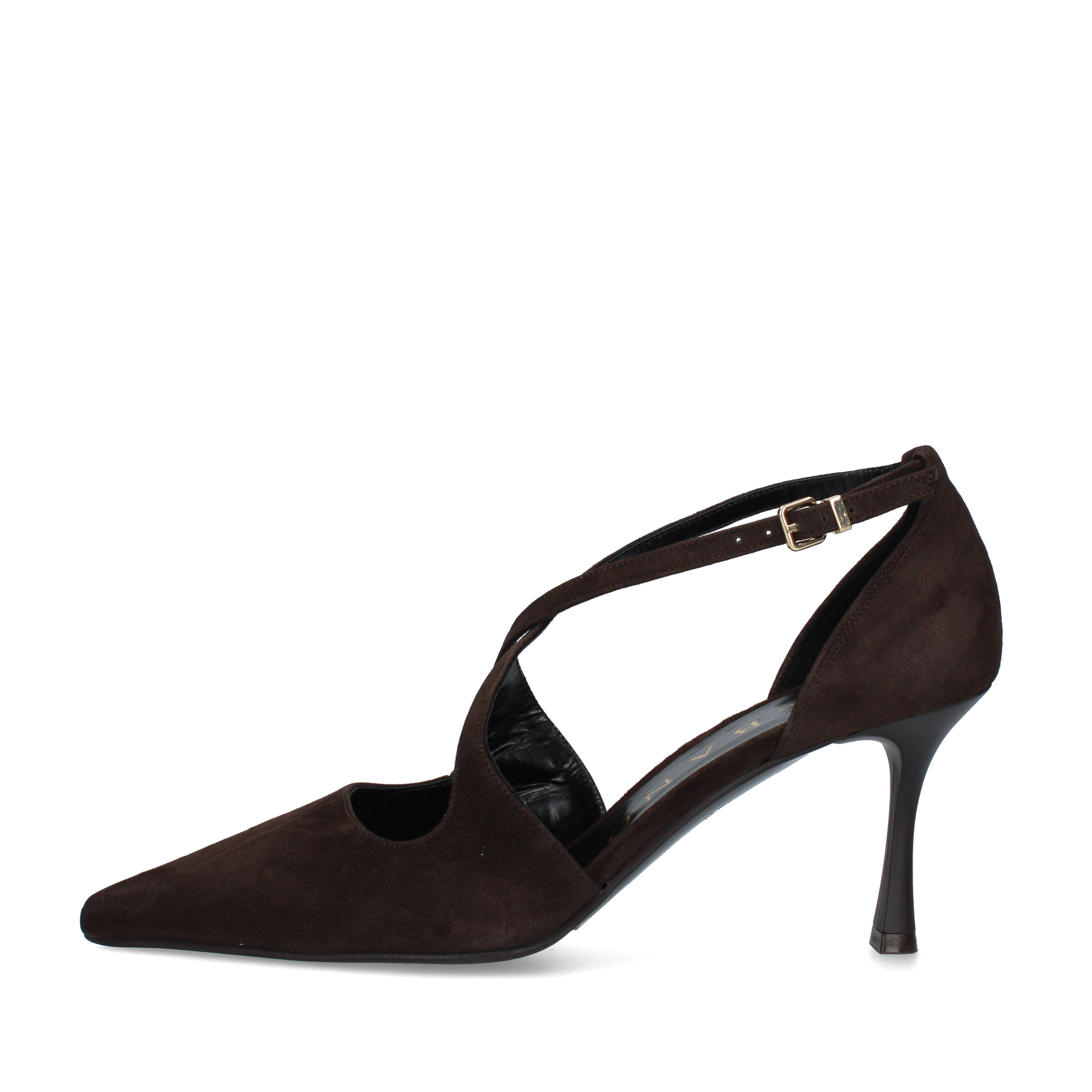 DÉCOLLETÉ IN PELLE SCAMOSCIATA CON CINTURINI INCROCIATI E TACCO 8 CM DONNA MARRONE