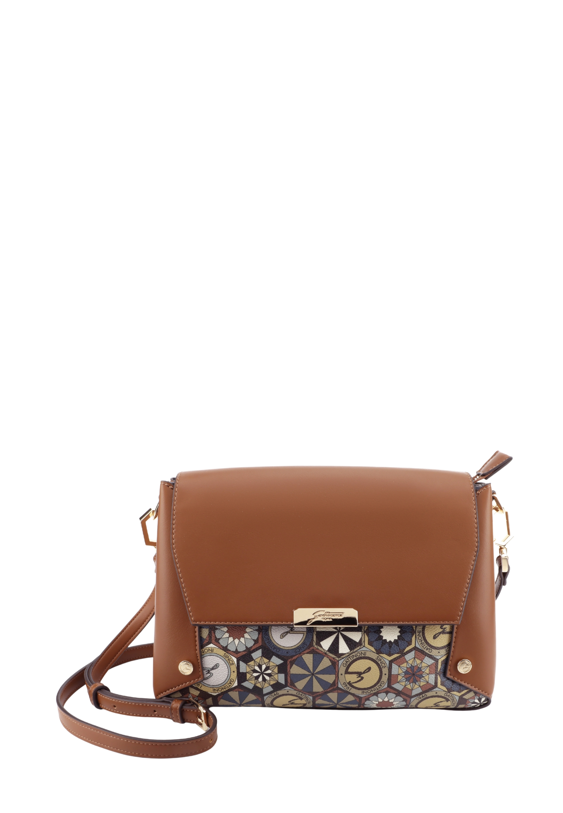 BORSA A TRACOLLA CON PATTA E STAMPA GEOMETRICA DONNA MARRONE