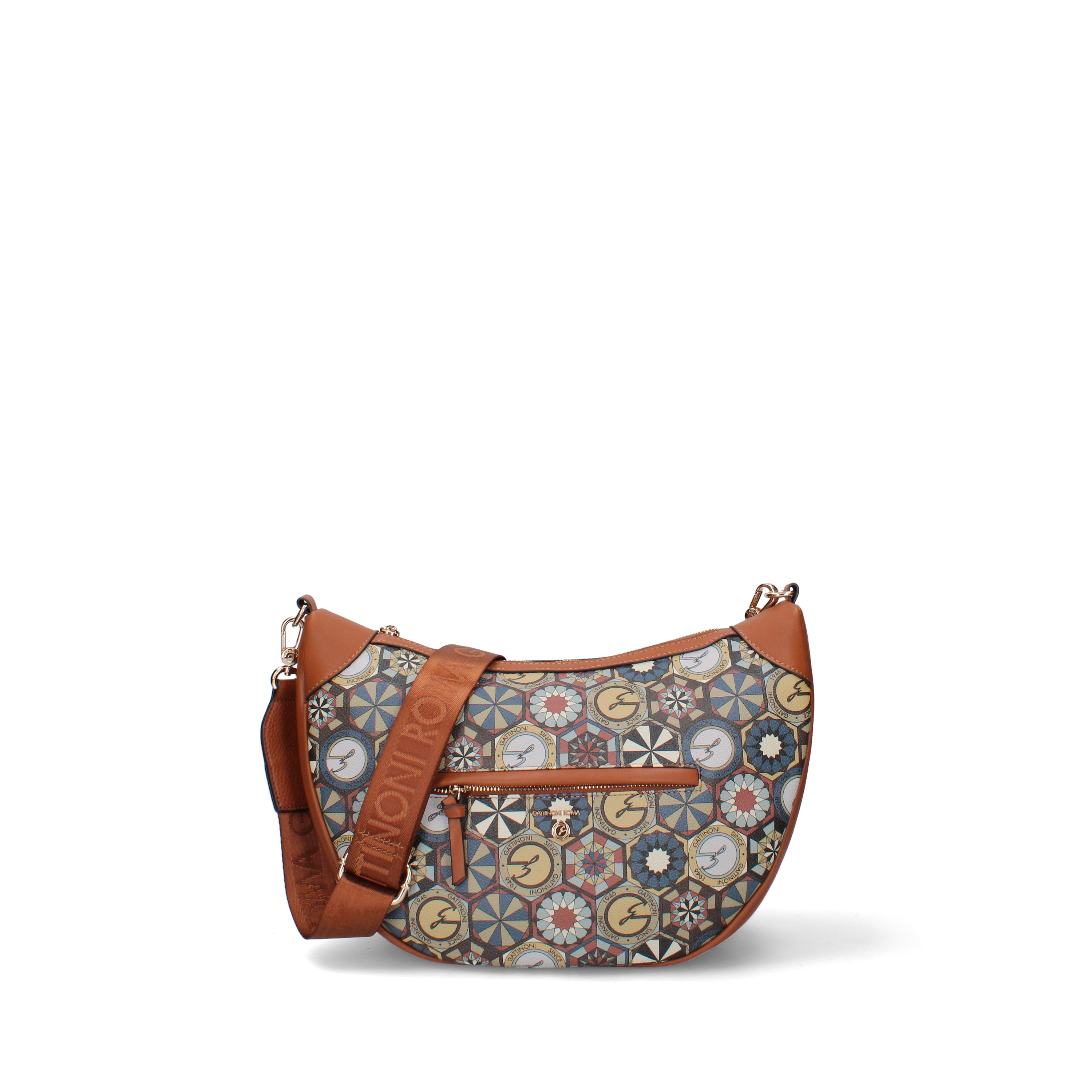 BORSA A SPALLA HOBO GRANDE CON STAMPA GEOMETRICA E TRACOLLA LOGATA DONNA MARRONE