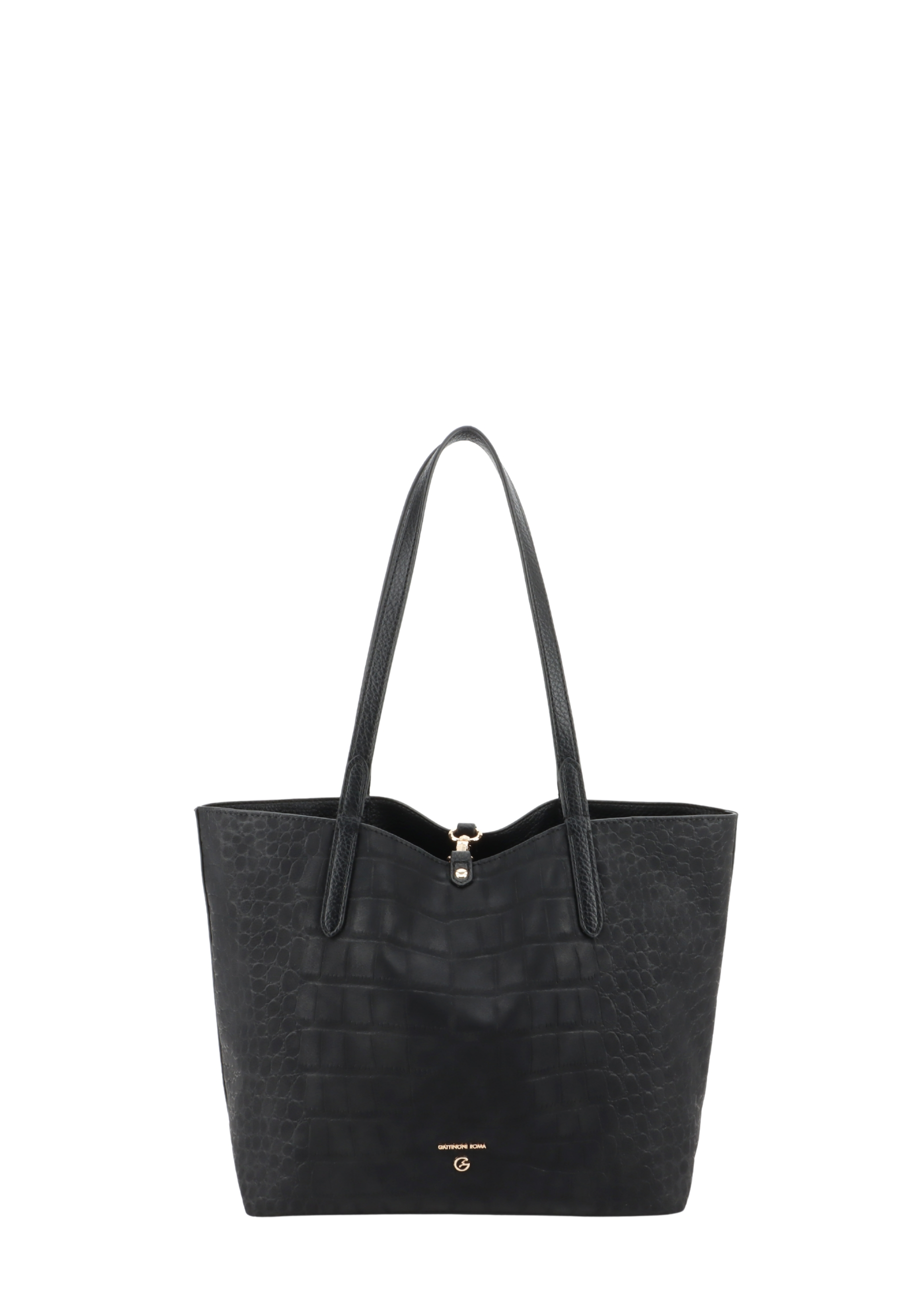 BORSA SHOPPING REVERSIBILE EFFETTO MARTELLATO E COCCODRILLO CON POCHETTE DONNA NERO