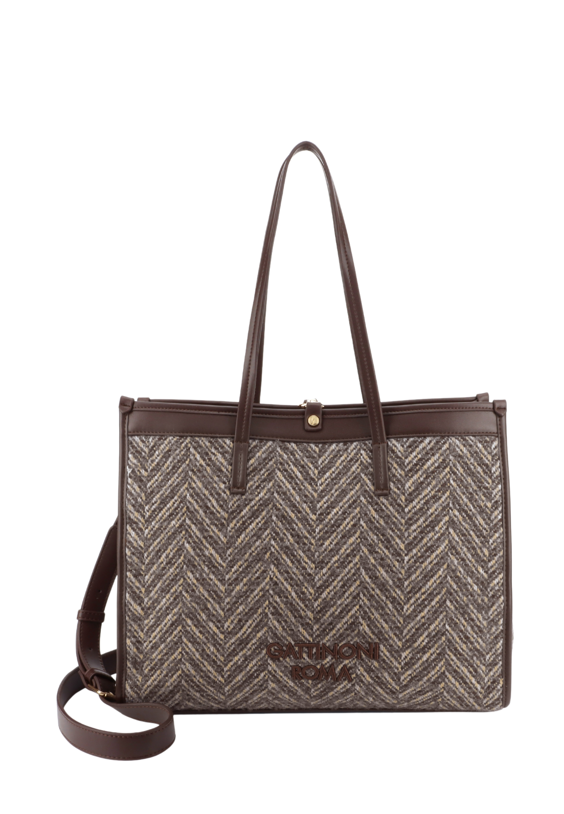 BORSA SHOPPING IN TESSUTO SPIGATO CON POCHETTE E TRACOLLA DONNA MARRONE