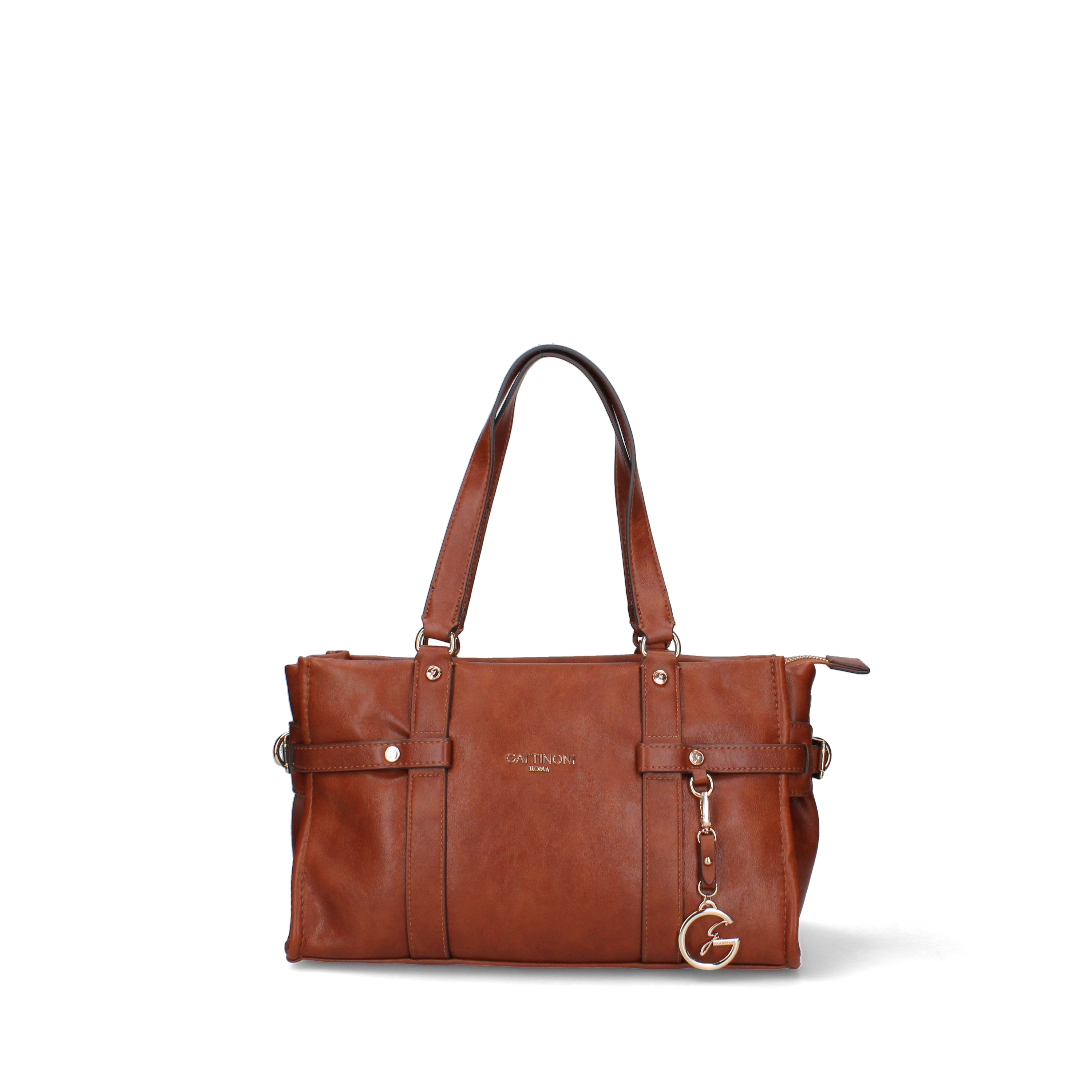 BORSA A SPALLA CON FIBBIE METALLICHE DONNA MARRONE