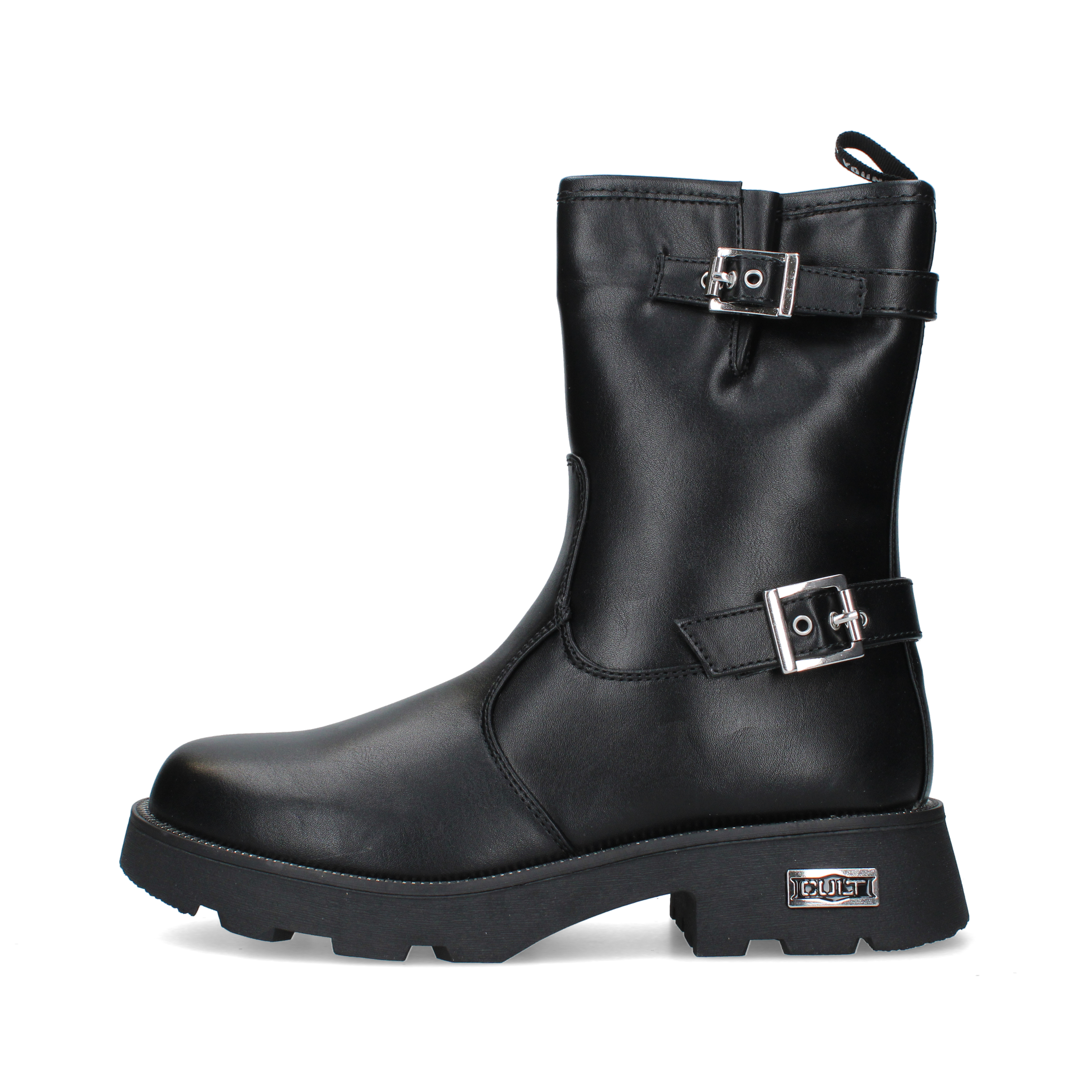 STIVALETTI TACCO BASSO BIKER CON DOPPIA FIBBIA E SUOLA CARRARMATO DONNA NERO