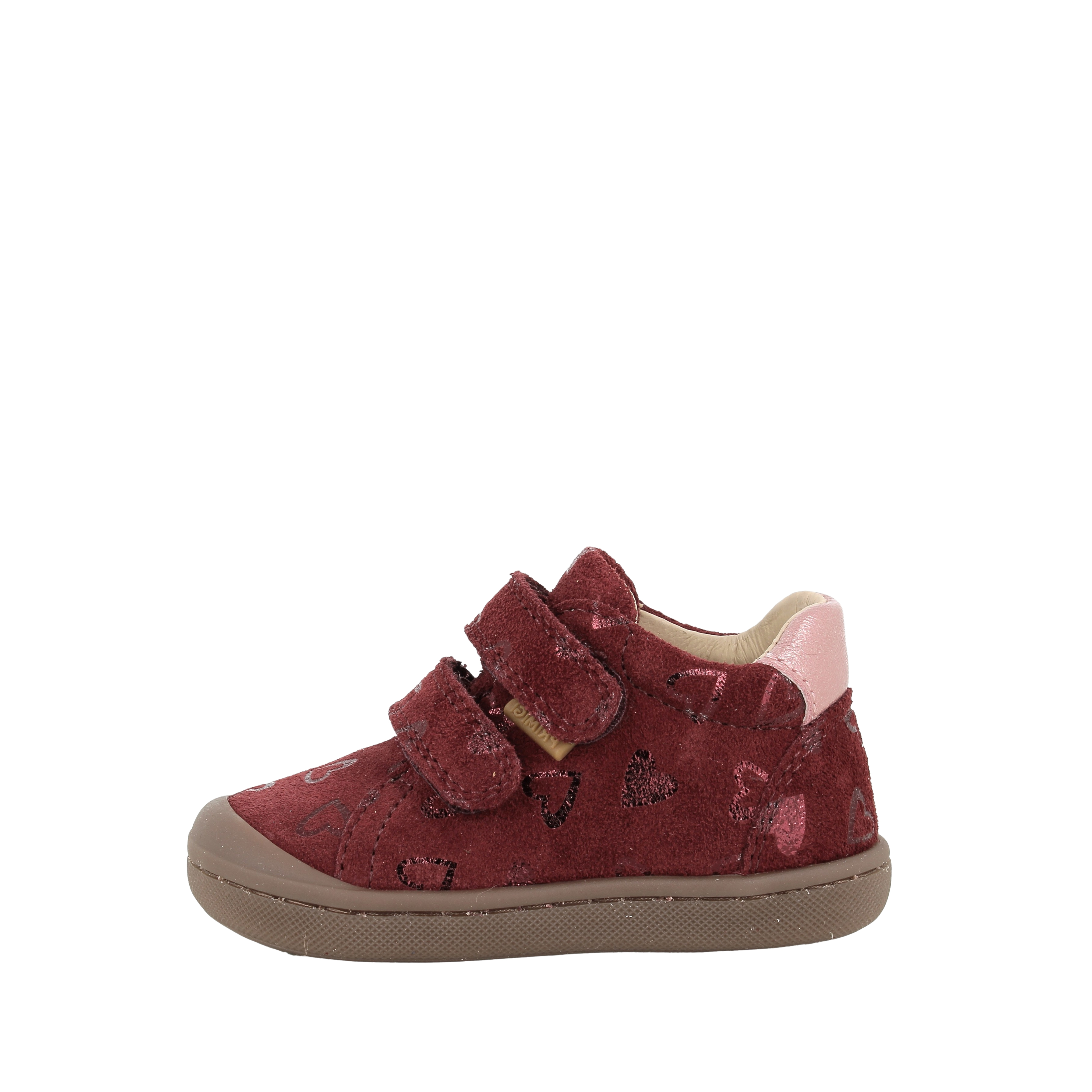 SNEAKERS BASSE IN CAMOSCIO CON CUORI E DOPPIO STRAP BAMBINA BORDEAUX