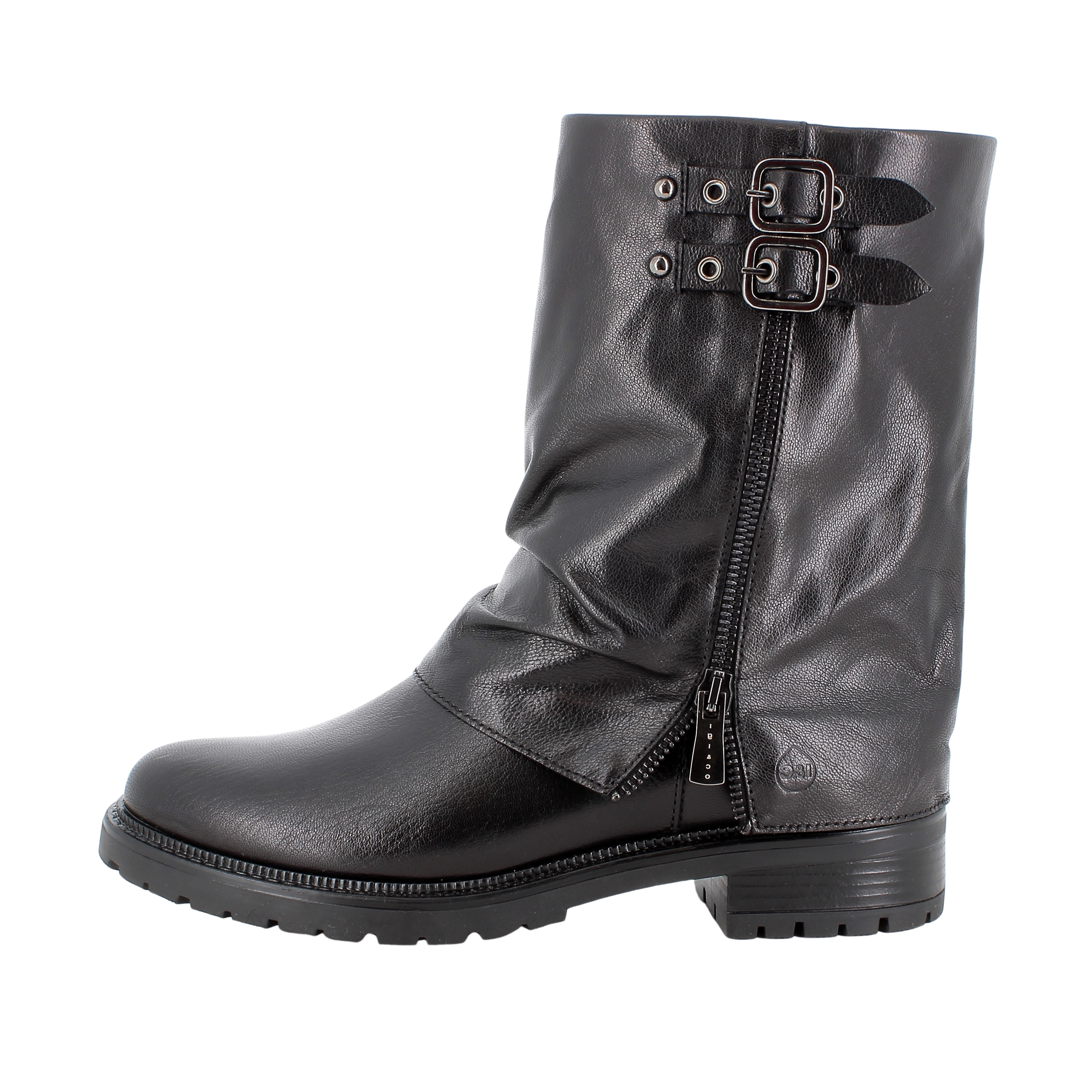 STIVALETTI TACCO BASSO IN PELLE CON FIBBIE DONNA NERO