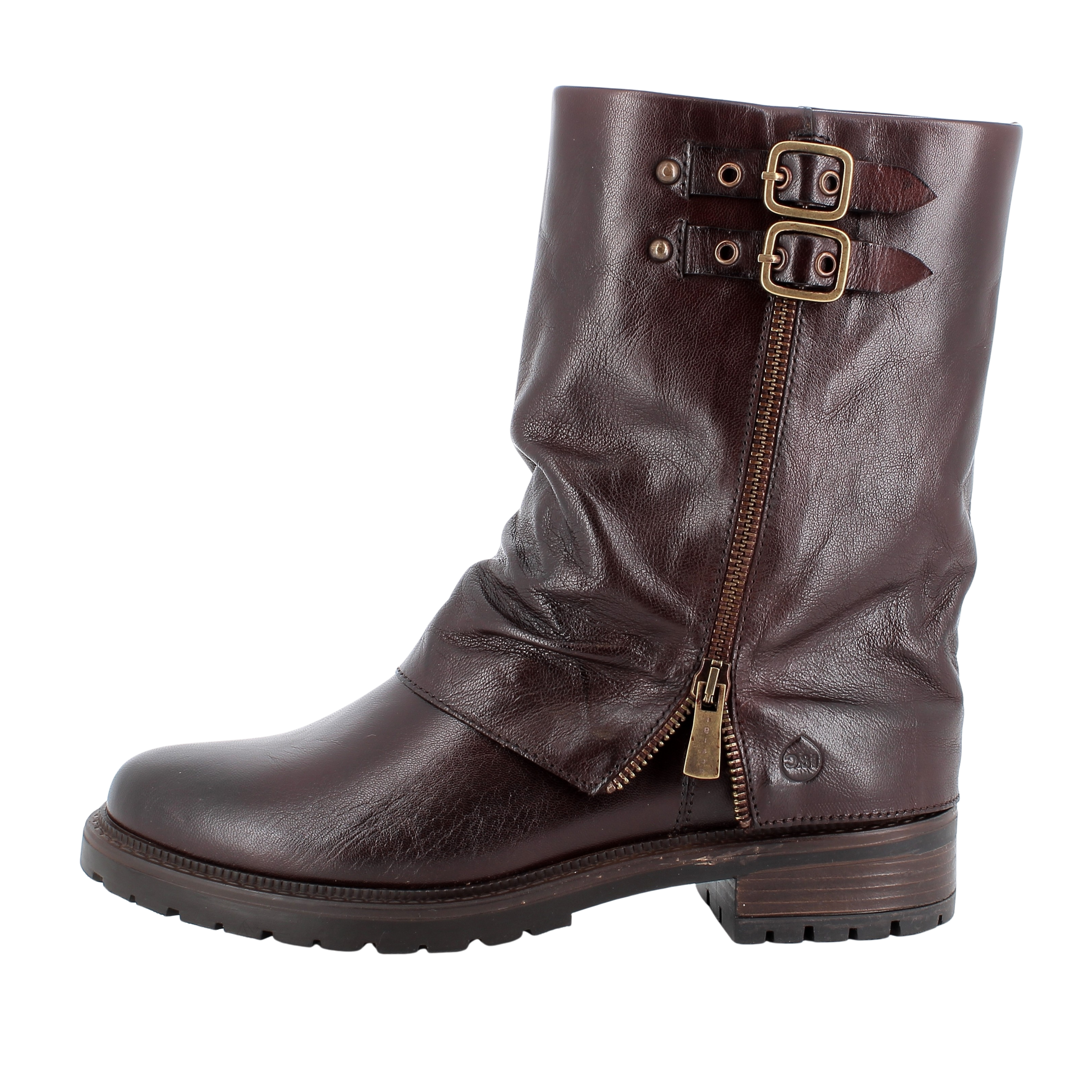STIVALETTI TACCO BASSO IN PELLE CON FIBBIE DONNA MARRONE