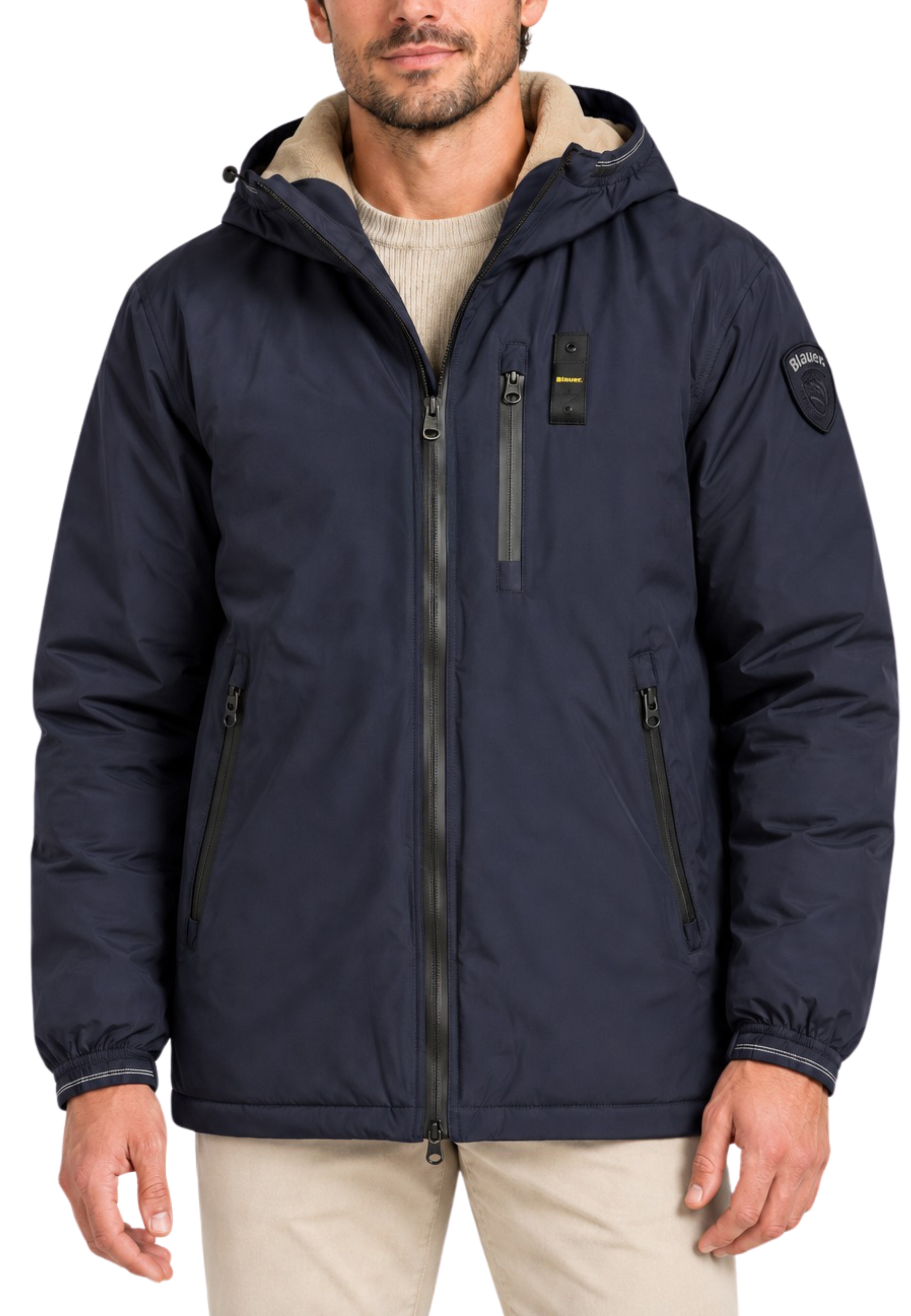 GIACCA IMPERMEABILE LUNGA CON INTERNO IN ECO PELLICCIA UOMO BLU