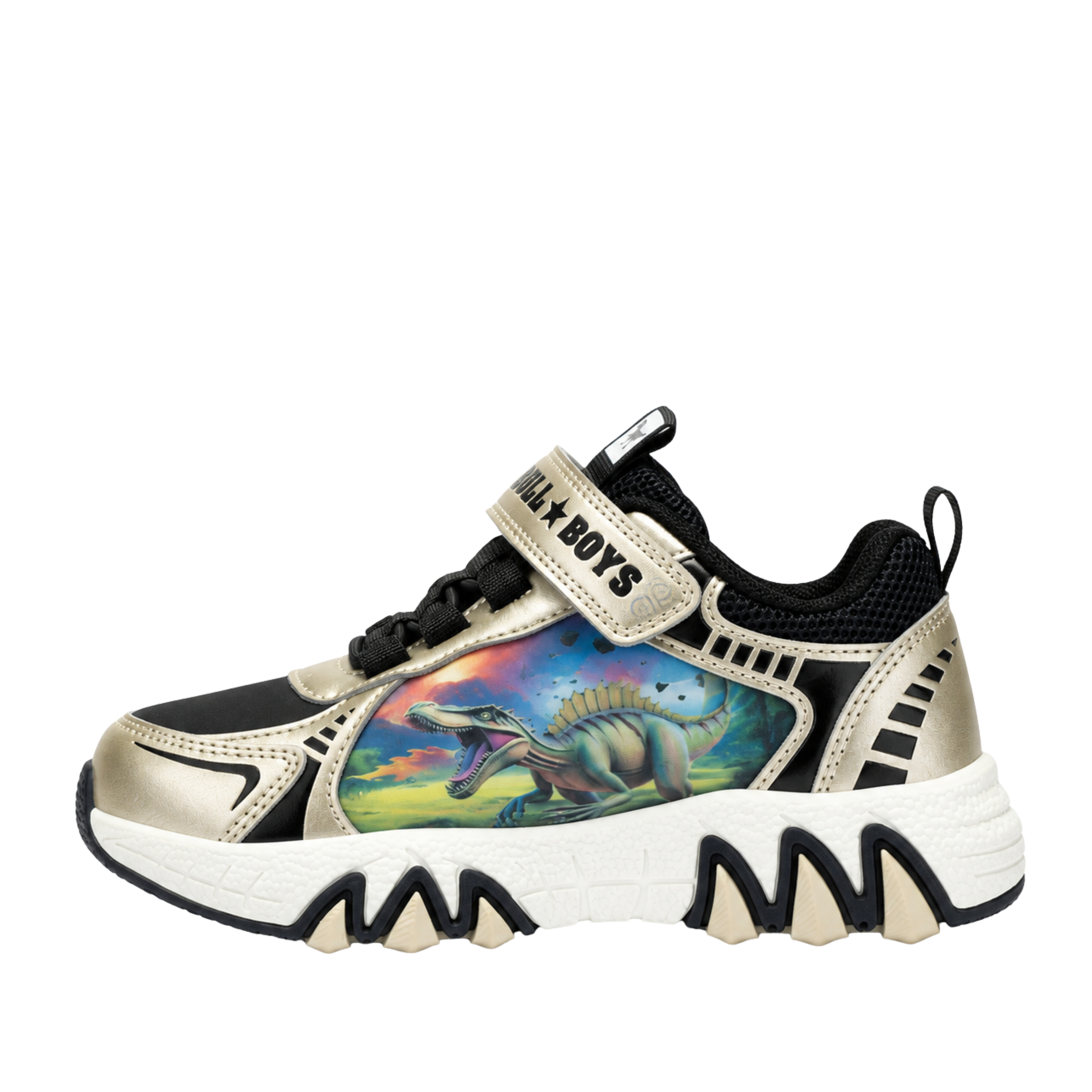 SNEAKERS BASSE CON STRAPPO E STAMPA DINOSAURO BAMBINO ORO