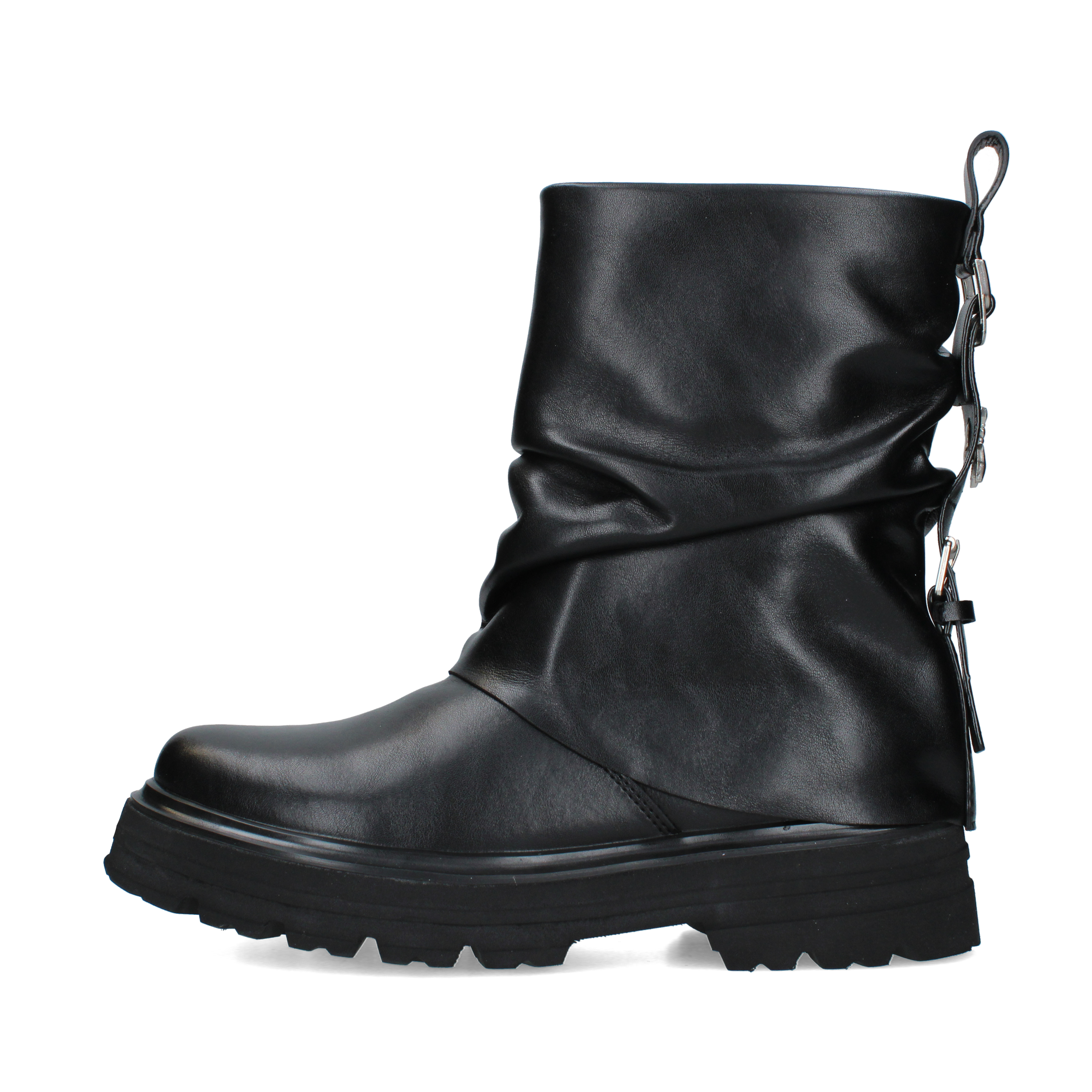 STIVALETTI TACCO BASSO CON GAMBALE ARRICCIATO E FIBBIE DONNA NERO