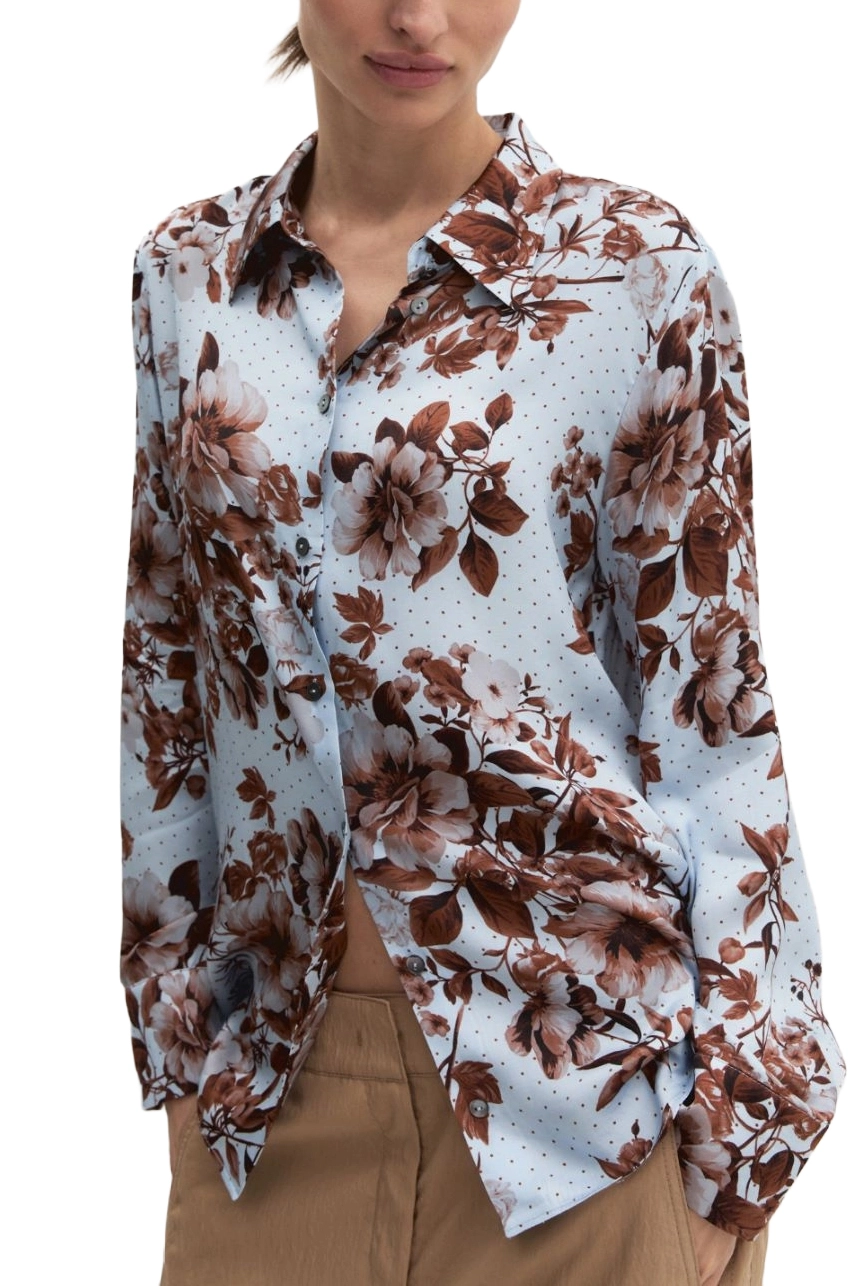 CAMICIA IN RASO DI VISCOSA CON FANTASIA FLOREALE E BOTTONI IN MADREPERLA DONNA AZZURRO
