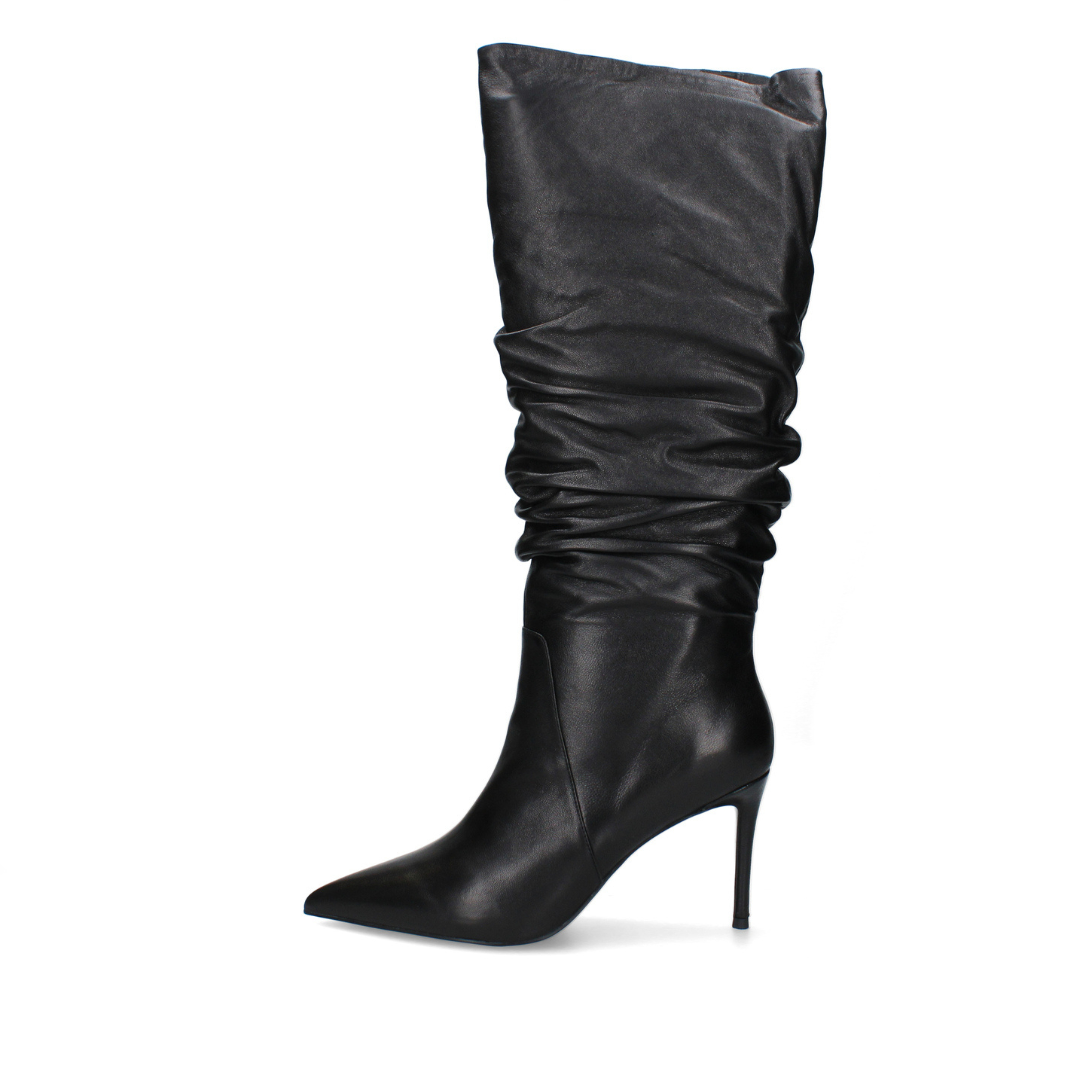 STIVALI TACCO ALTO IN PELLE CON GAMBALE ARRICCIATO DONNA NERO