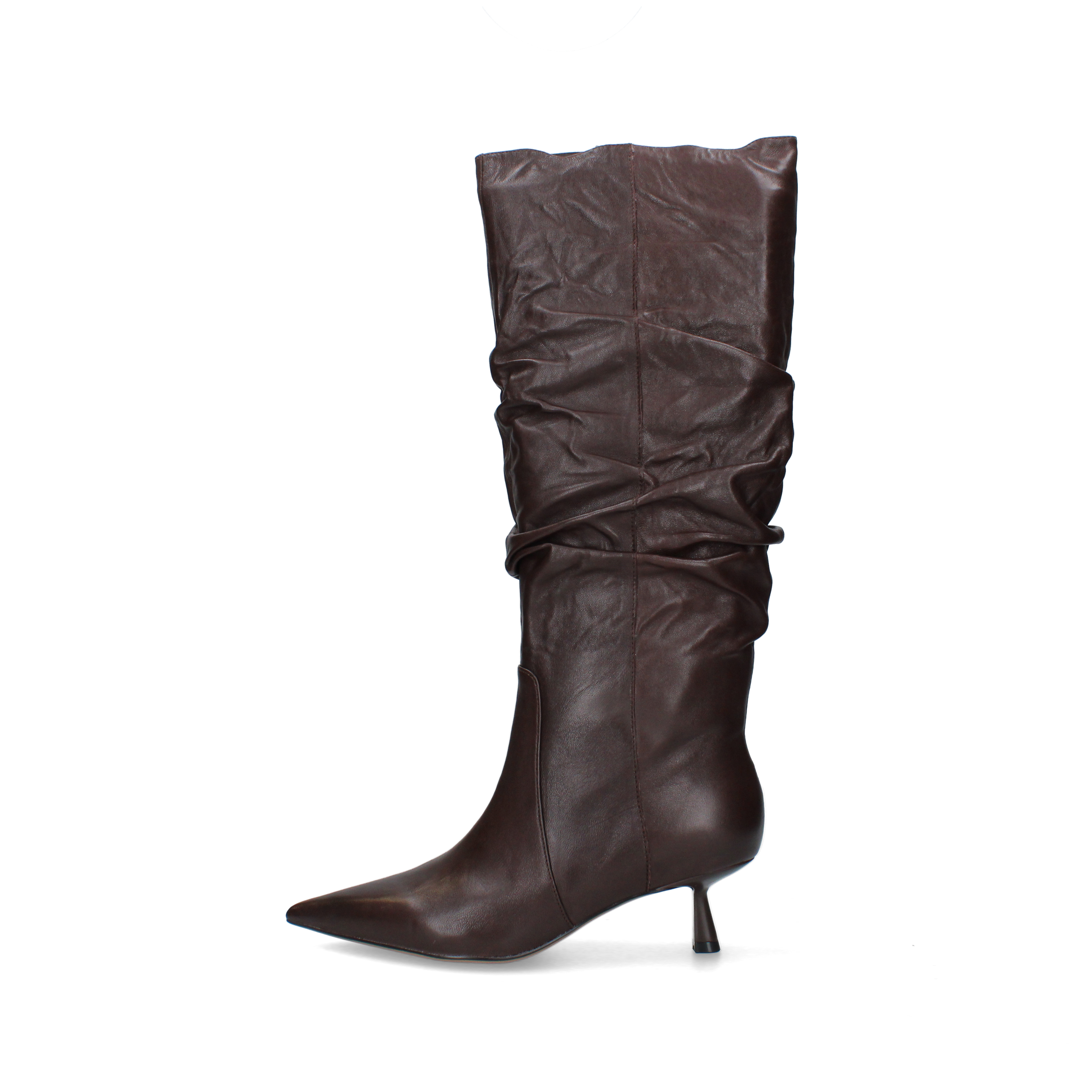 STIVALI TACCO ALTO IN PELLE CON GAMBALE ARRICCIATO DONNA MARRONE