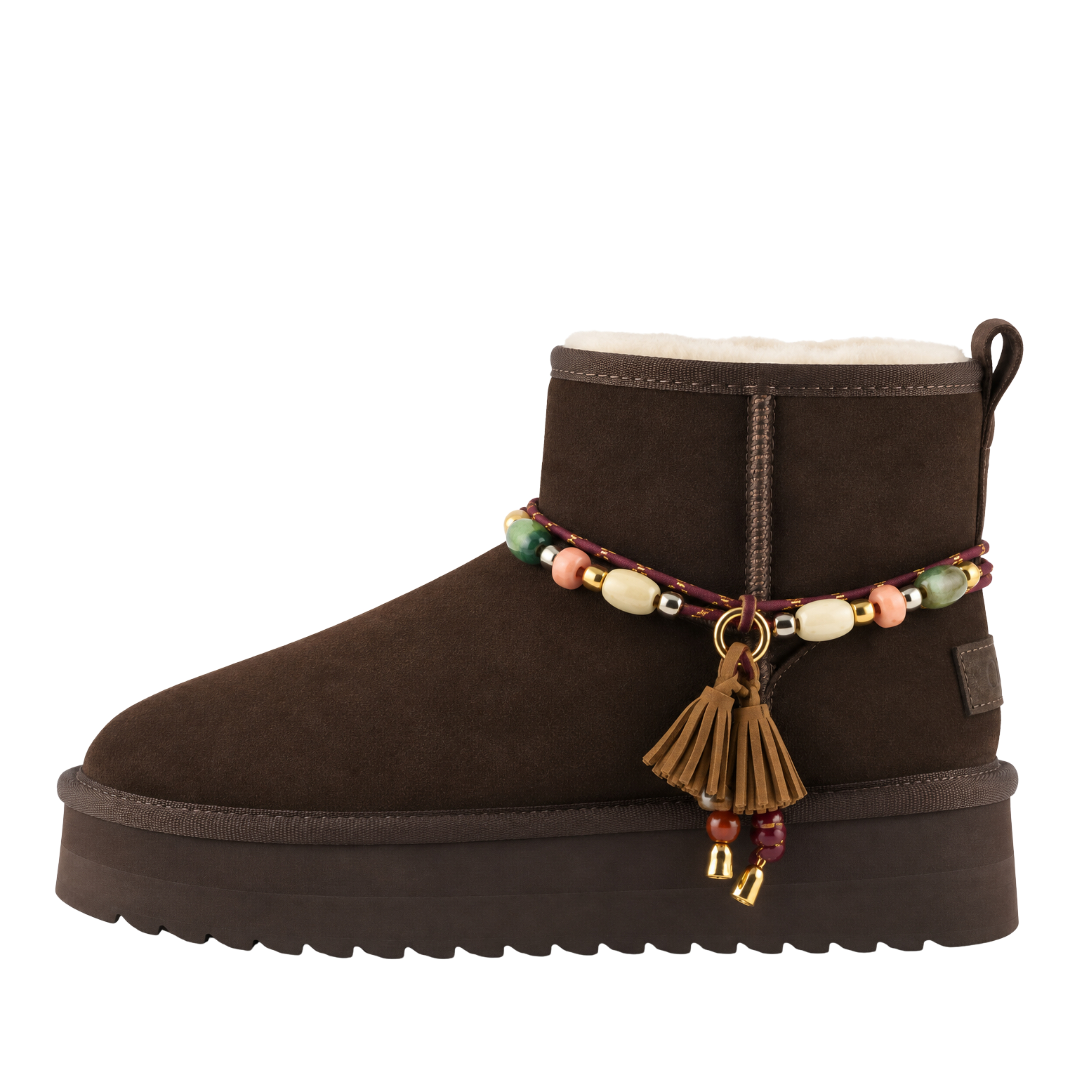 STIVALETTI TACCO BASSO PLATFORM IN PELLE SCAMOSCIATA CON PERLE E NAPPA DONNA MARRONE