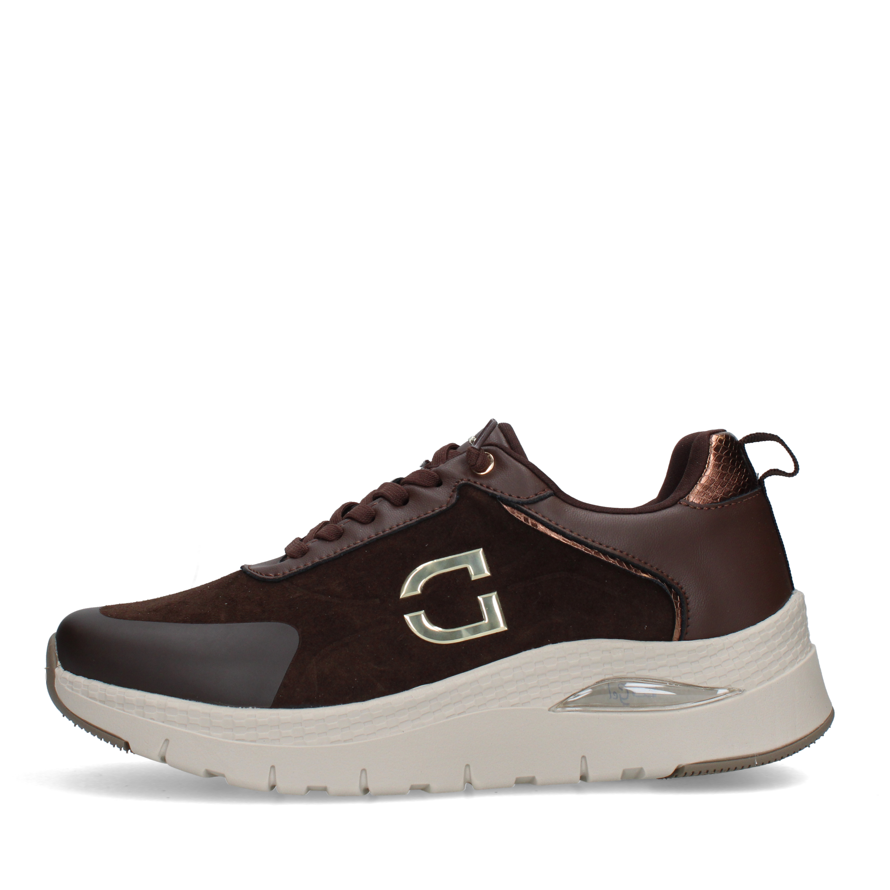 SNEAKERS BASSE IN PELLE E TESSUTO CON LOGO LATERALE DONNA MARRONE