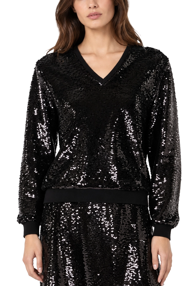BLUSA CON PAILLETTES E SCOLLO A V DONNA NERO