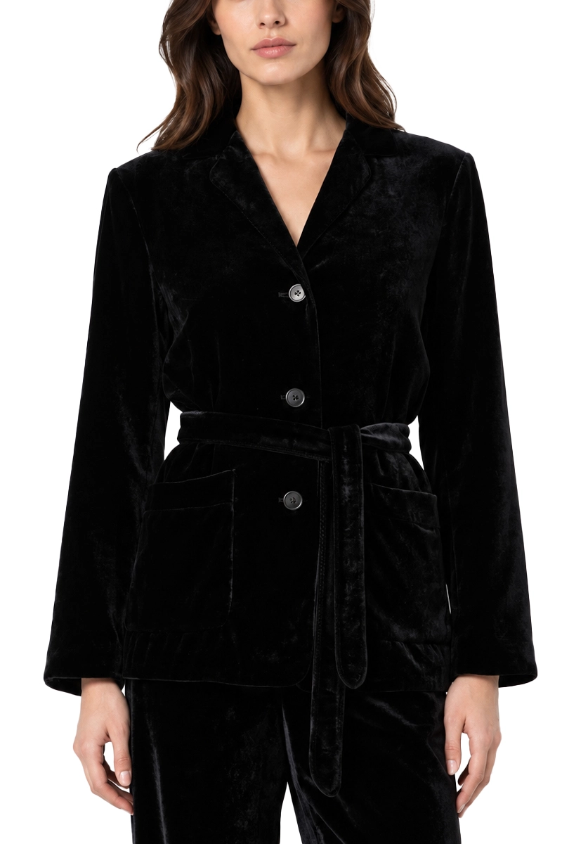 BLAZER MONOPETTO IN VELLUTO CON CINTURA DONNA NERO