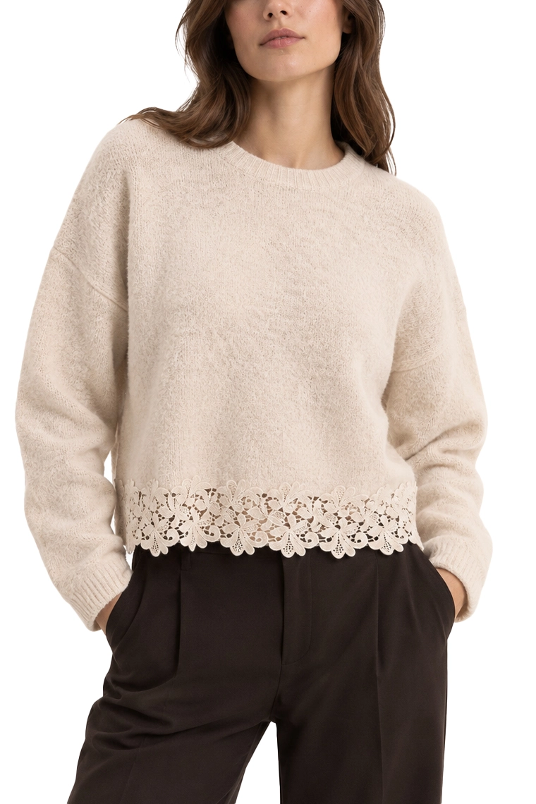 MAGLIA GIROCOLLO MODELLO BOXY CON INSERTO IN PIZZO DONNA AVORIO