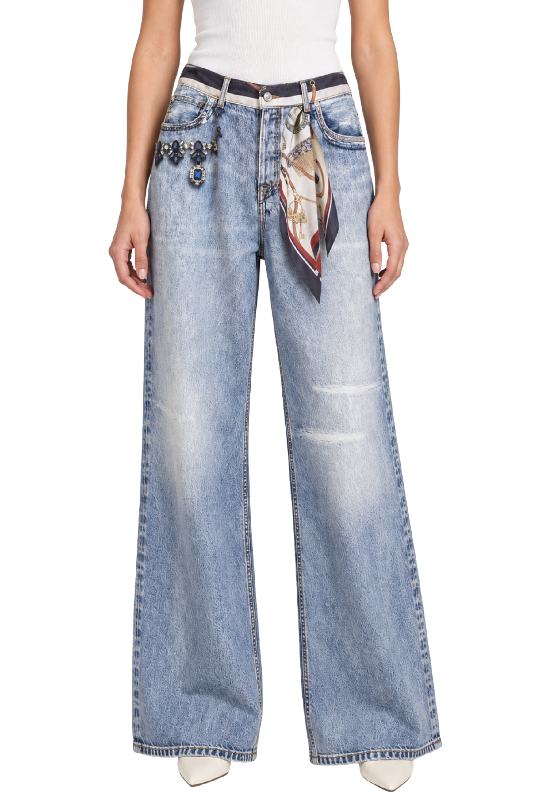 JEANS A ZAMPA 5 TASCHE CON FANTASIA STAMPATA DONNA BLU