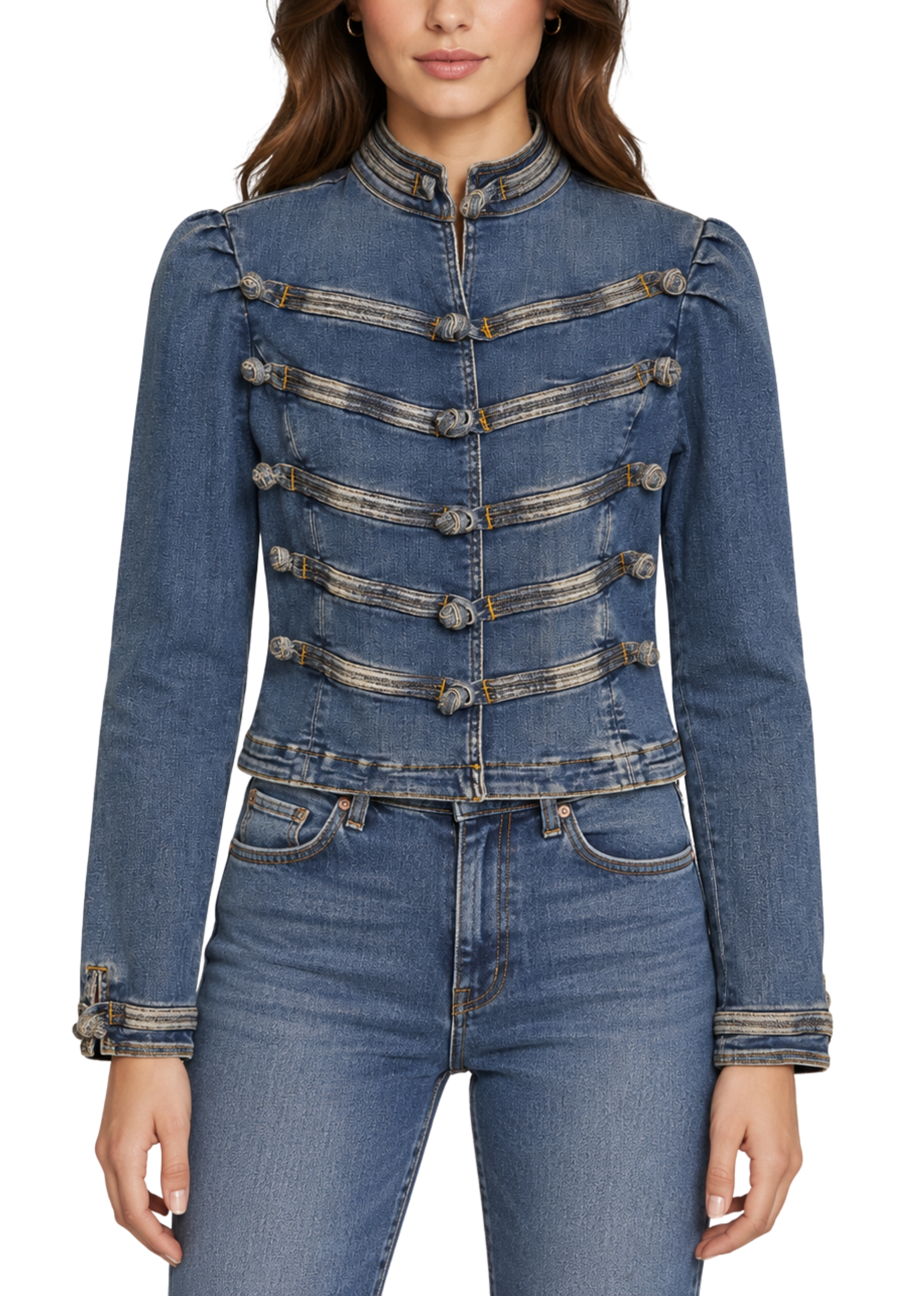 GIACCA CORTA IN DENIM CON ALAMARI ANNODATI DONNA BLU