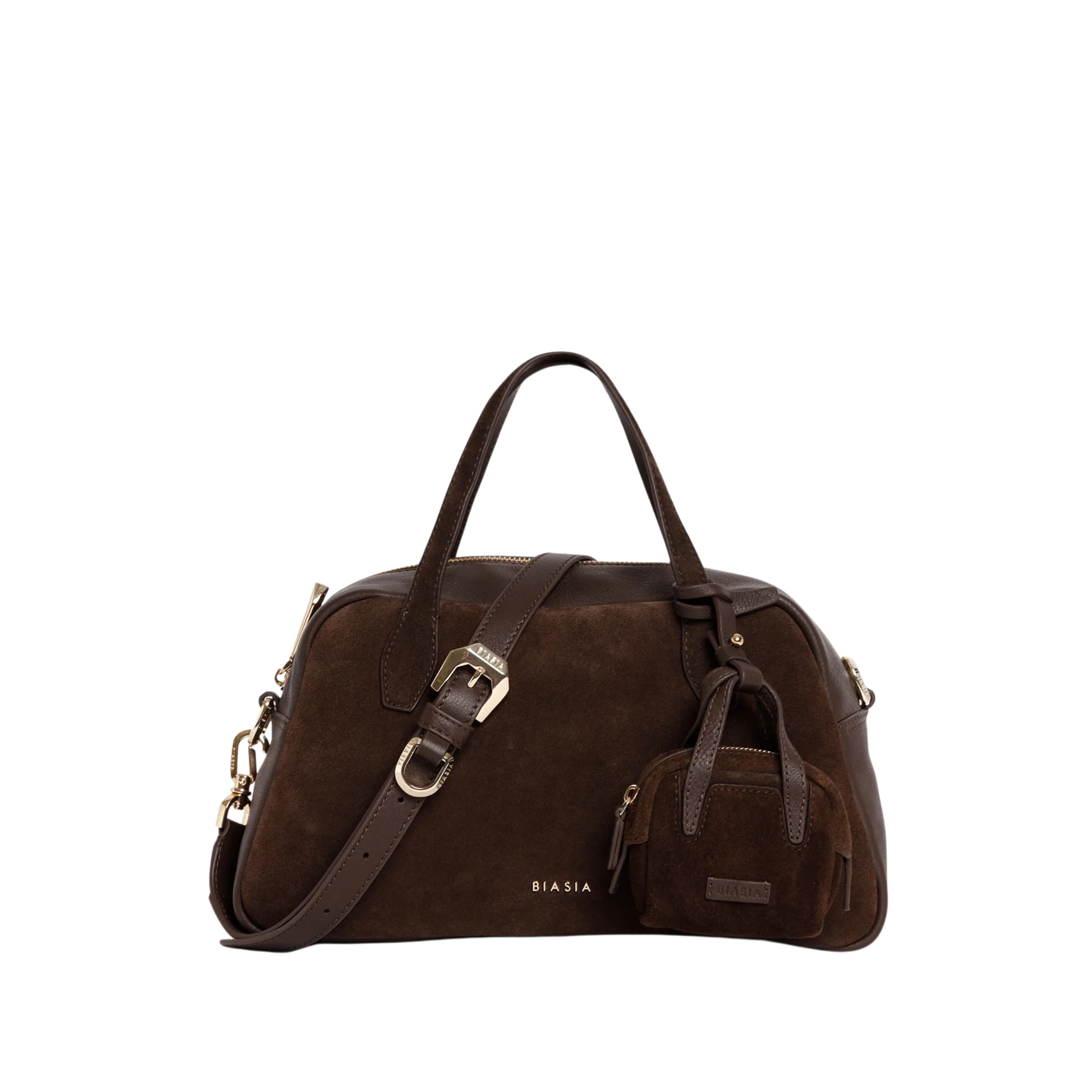 BORSA A SPALLA IN CAMOSCIO CON MANICI IN PELLE LISCIA DONNA MARRONE