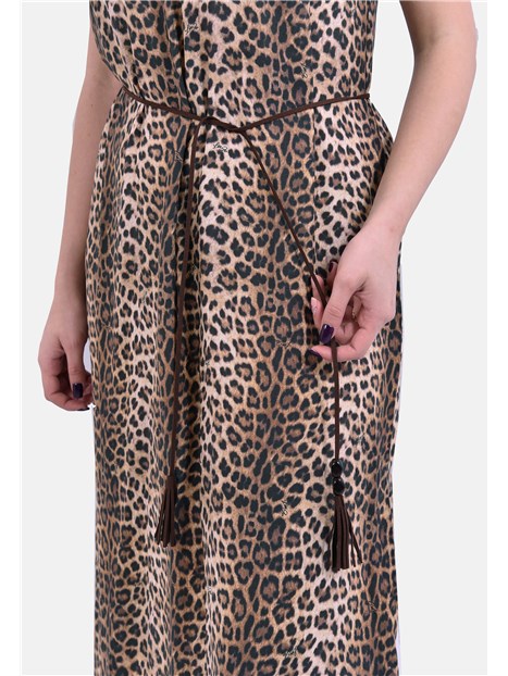 VESTITO LUNGO CON SPALLINE E FANTASIA ANIMALIER DONNA MARRONE