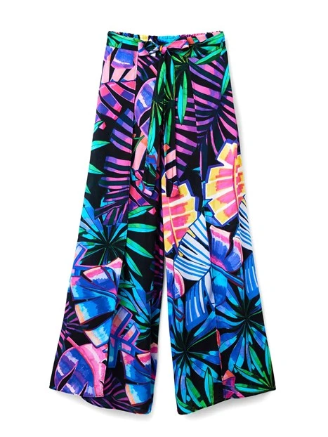 PANTALONE CON SPACCO TROPICALE DONNA NERO MULTICOLORE