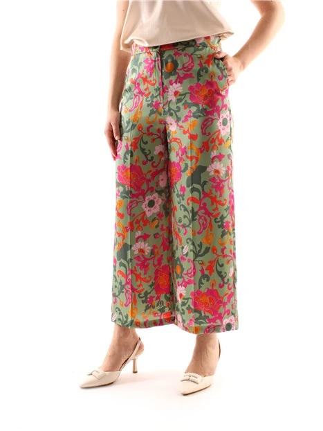 PANTALONI CROPPED FLOREALE A GAMBA LARGA DONNA VERDE