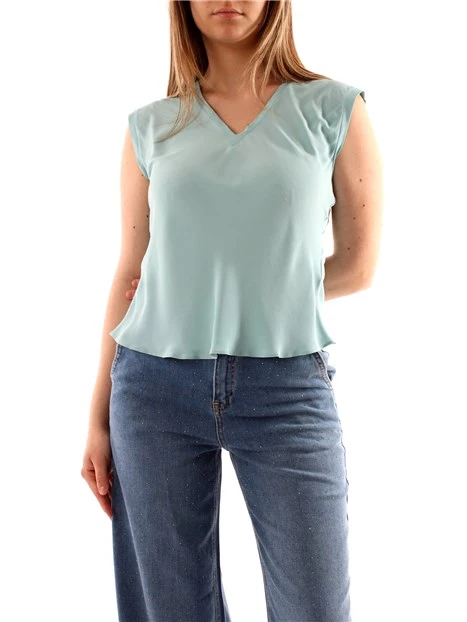 TOP CON SCOLLO A V IN MISTO SETA DONNA CELESTE