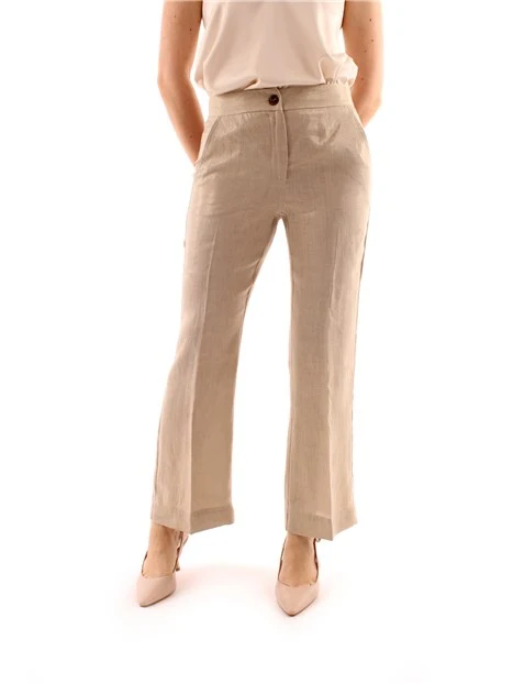 PANTALONI A ZAMPA IN LINO LAMINATO DONNA BEIGE