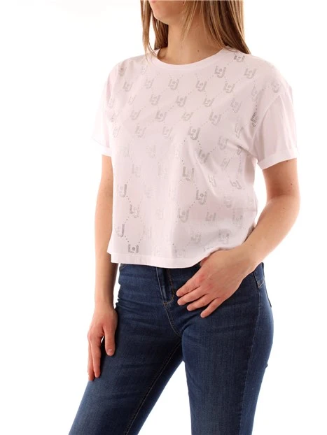 T-SHIRT CROPPED CON STRASS LOGO DONNA BIANCO