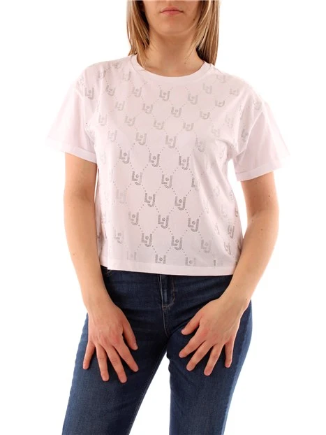 T-SHIRT CROPPED CON STRASS LOGO DONNA BIANCO