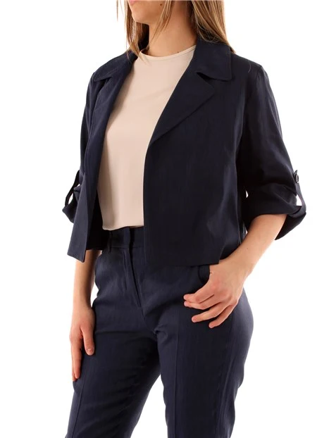 GIACCA BLAZER CORTA IN MISTO LINO DONNA BLU NOTTE