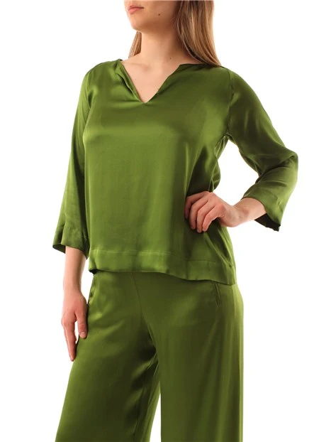 BLUSA CON SCOLLO A V IN PURA SETA DONNA VERDE