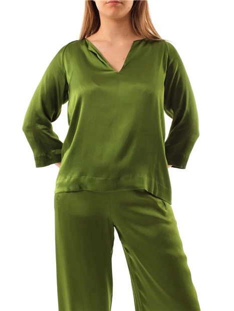 BLUSA CON SCOLLO A V IN PURA SETA DONNA VERDE