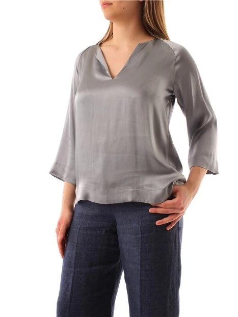 BLUSA CON SCOLLO A V IN PURA SETA DONNA GRIGIO