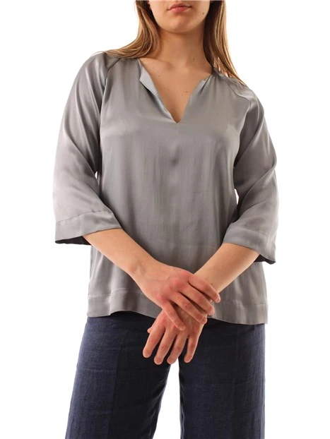 BLUSA CON SCOLLO A V IN PURA SETA DONNA GRIGIO