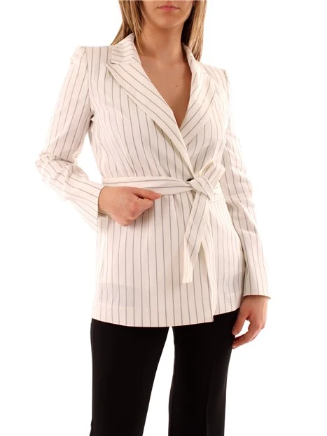 GIACCA BLAZER GESSATA CON CINTURA DONNA BIANCO