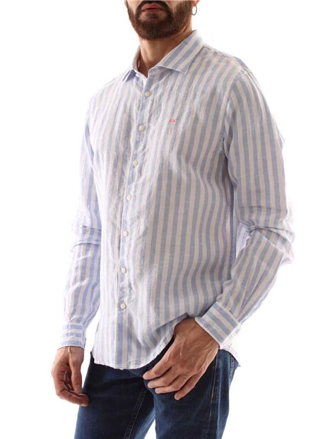 CAMICIA A RIGHE IN PURO LINO UOMO AZZURRO