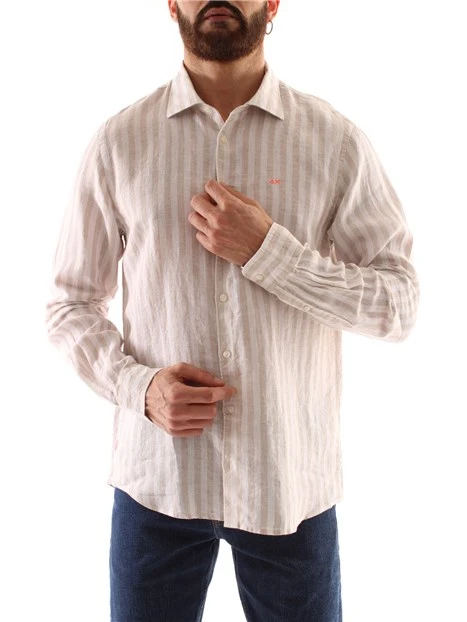 CAMICIA A RIGHE IN PURO LINO UOMO BEIGE