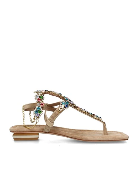 SANDALI TACCO BASSO CON STRASS MULTICOLORE E CATENINA DONNA BEIGE