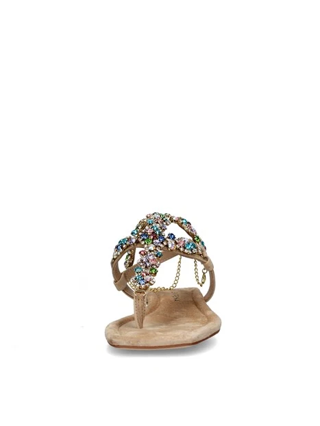 SANDALI TACCO BASSO CON STRASS MULTICOLORE E CATENINA DONNA BEIGE