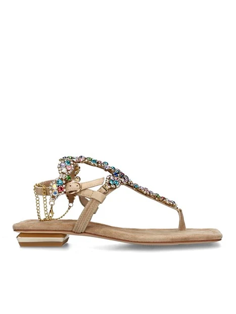 SANDALI TACCO BASSO CON STRASS MULTICOLORE E CATENINA DONNA BEIGE