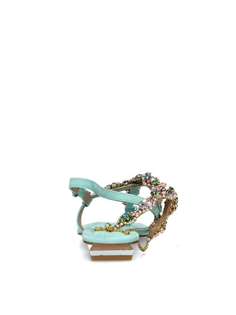 SANDALI TACCO BASSO CON STRASS MULTICOLORE E CATENINA DONNA VERDE