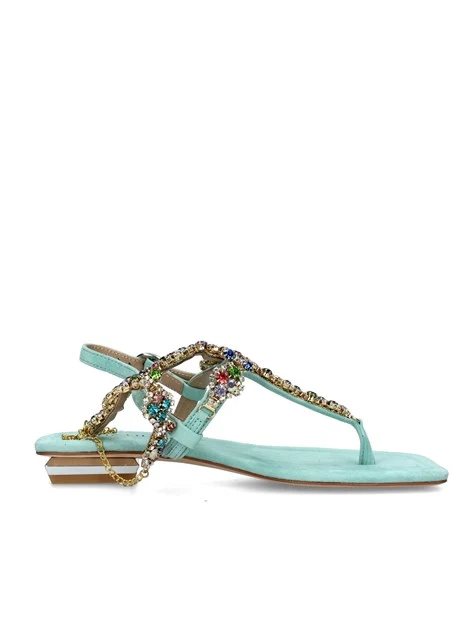 SANDALI TACCO BASSO CON STRASS MULTICOLORE E CATENINA DONNA VERDE