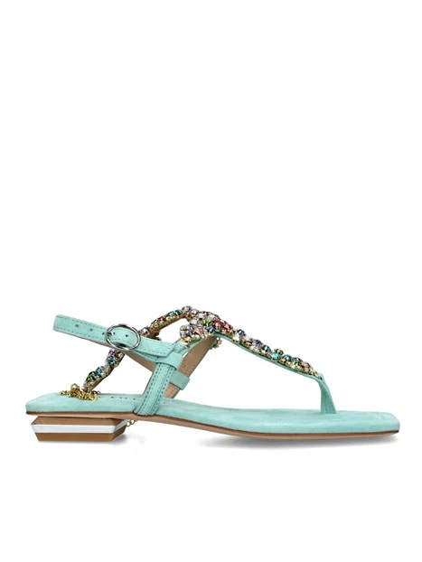 SANDALI TACCO BASSO CON STRASS MULTICOLORE E CATENINA DONNA VERDE