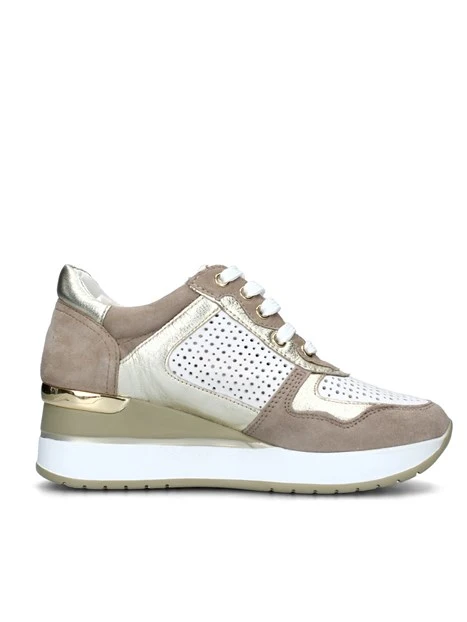 SNEAKERS PLATFORM CON INSERTI ORO LAMINATO DONNA BEIGE BIANCO