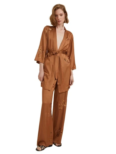 PANTALONI PALAZZO CON RICAMI E PAILLETTES DONNA MARRONE